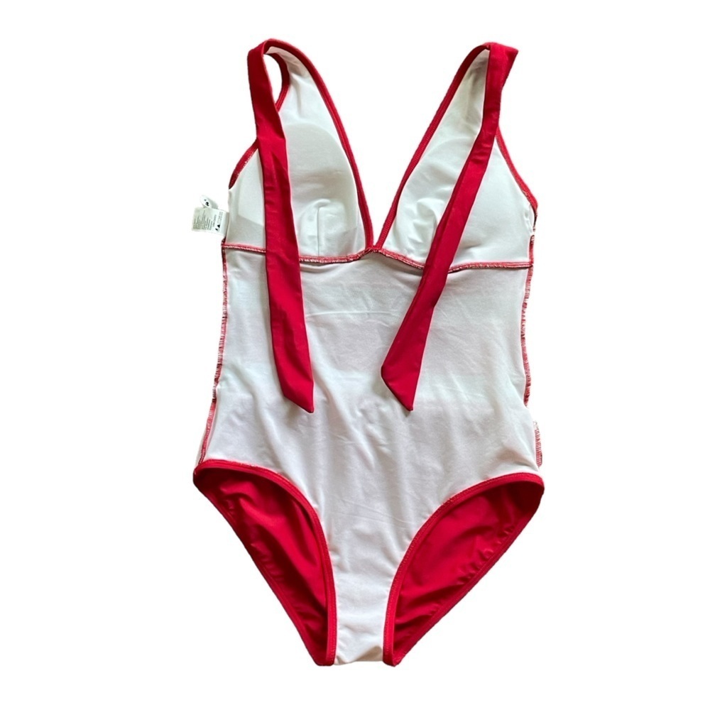 Red and White Plunging Neck Halter Mesh Pom Pom Tassel One Piece Swimsuit Size - Picture 7 of 11